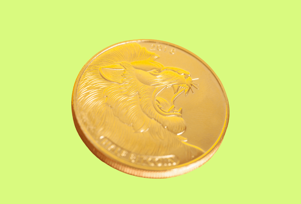 Moeda de ouro com uma imagem de leão destacada, simbolizando o Imposto de Renda.