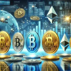 Representação futurista do mercado de criptomoedas em 2025, com moedas como Bitcoin, Ethereum e Solana flutuando em um cenário tecnológico