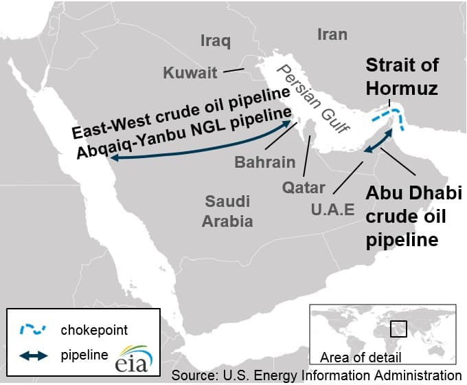 Mapa do Estreito de Ormuz, importante local no Oriente Médio para o mercado de petróleo.