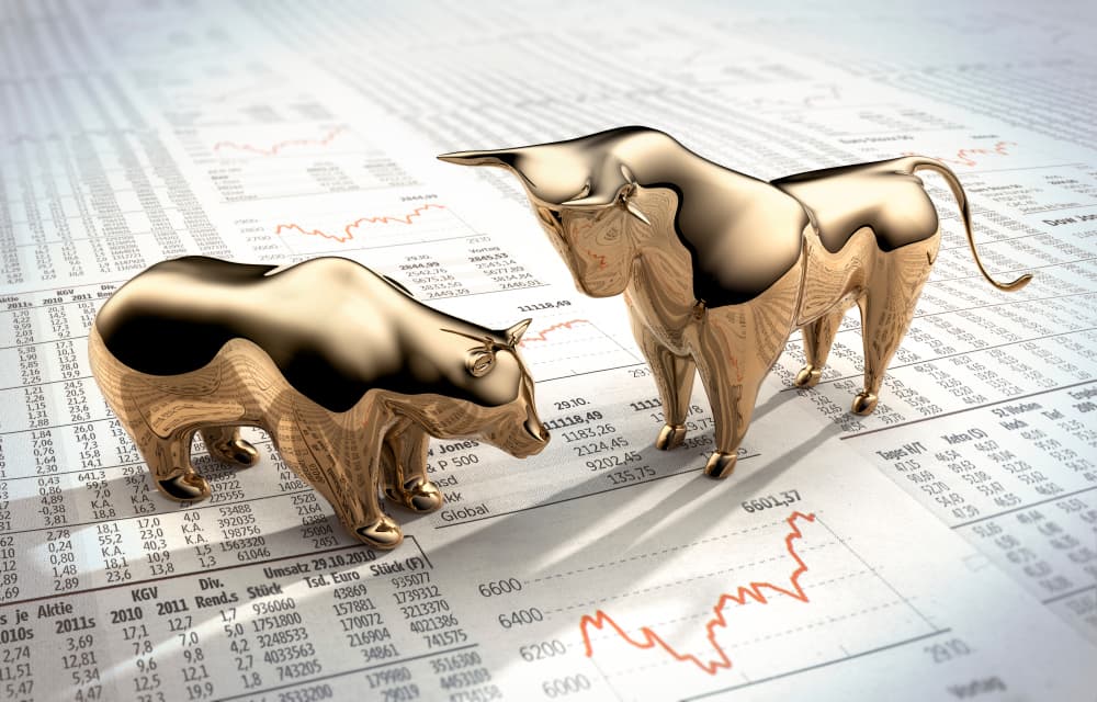 Touro e Urso em cima de jornal com cotações do mercado financeiro, simbolizando o Bull Market e o Bear Market.