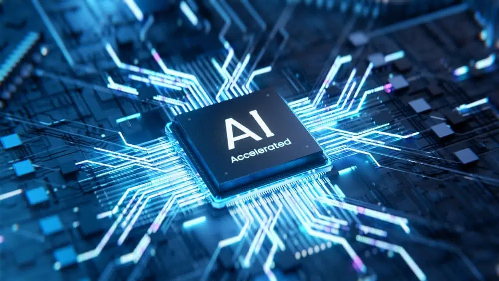 Processador com escrita "AI" em chip, simbolizando o impacto da inteligência artificial neste setor. 