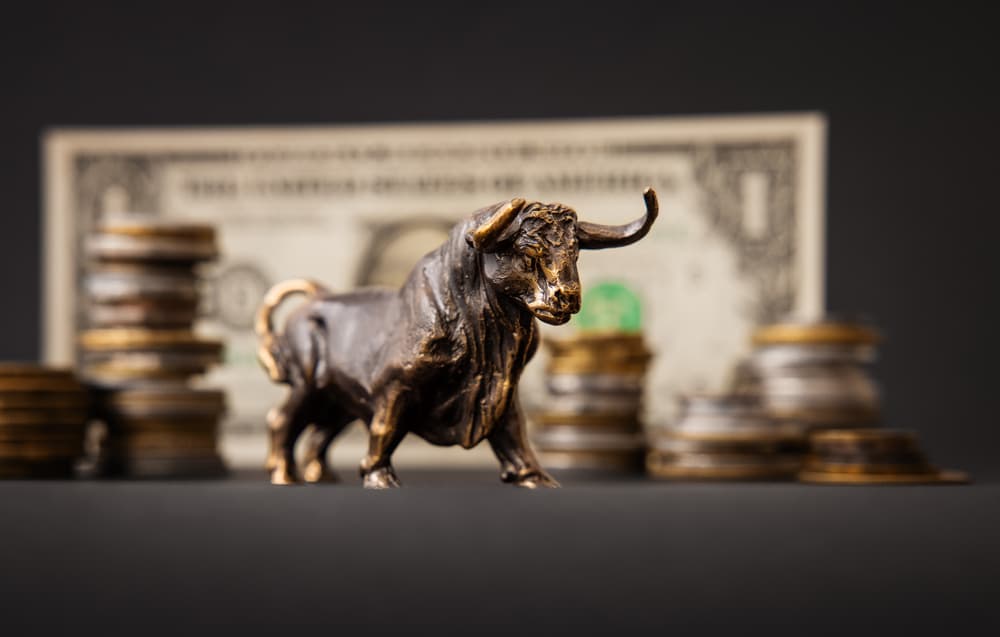 Representação de touro em primeiro plano, com moedas e nota de dólares ao fundo, simbolizando bull market. 