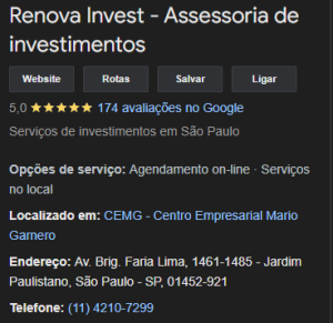 Renova Invest 5 estrelas no Google