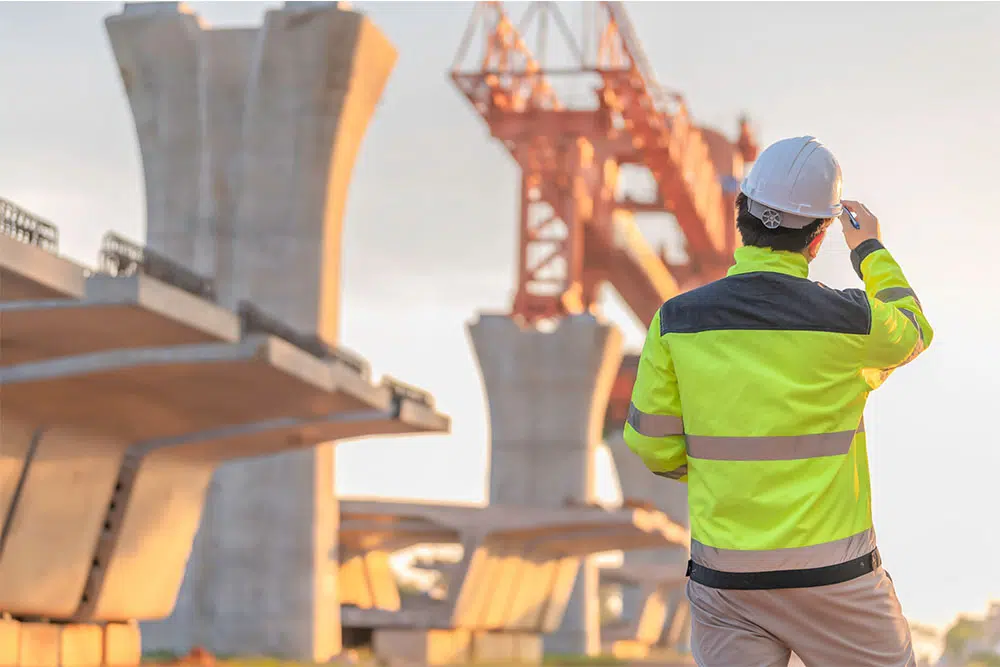 Ponte em construção em segundo plano, com funcionário em primeiro plano. 