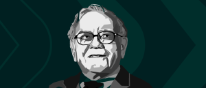 Ilustração em preto e branco representando o megainvestidor Warren Buffett, sobre fundo verde.