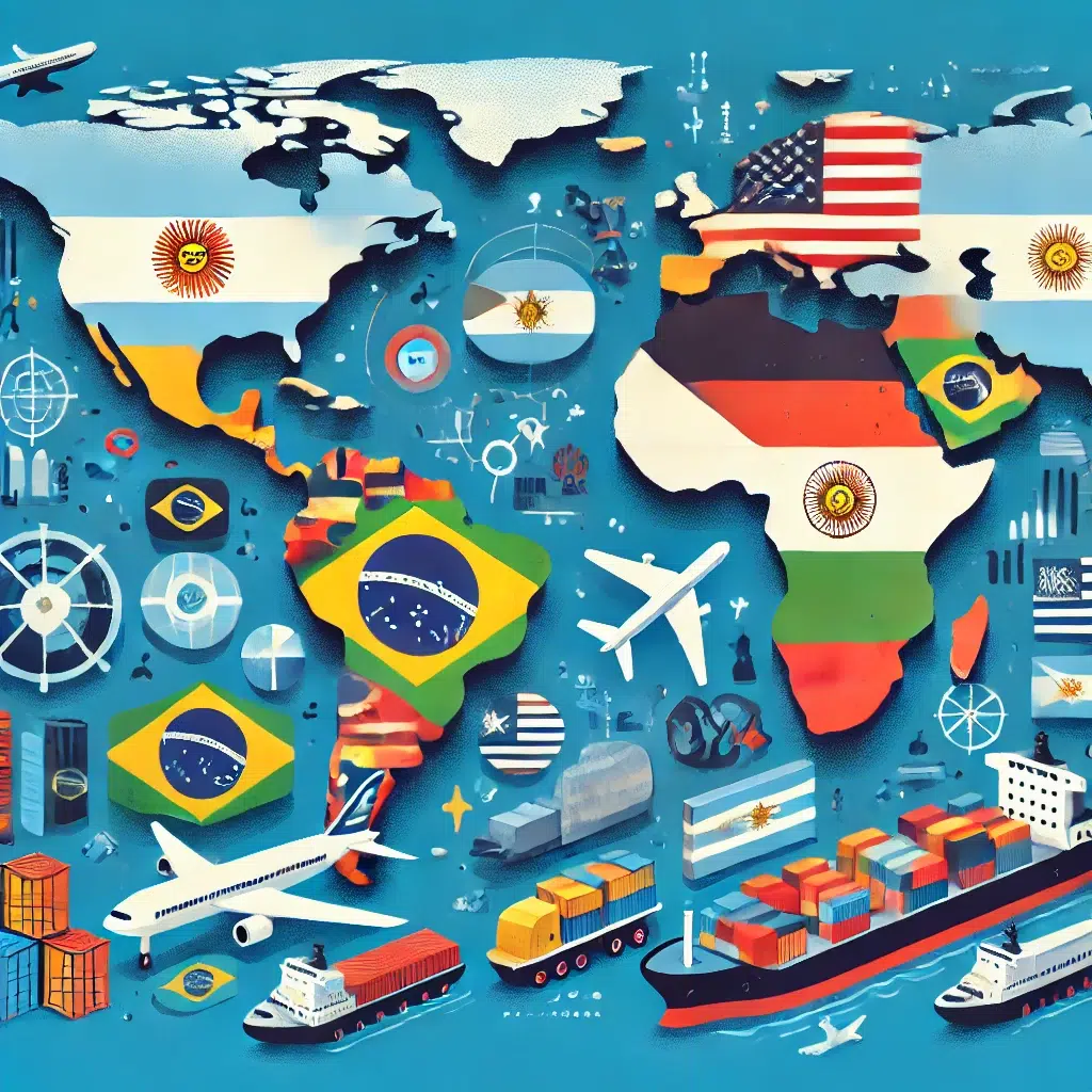 Ilustração do Mercosul destacando os países-membros Brasil, Argentina, Paraguai, Uruguai e Bolívia em um mapa estilizado da América do Sul, com ícones de comércio representando integração econômica.