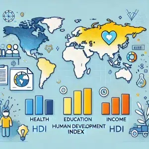 Ilustração do Índice de Desenvolvimento Humano (IDH) com ícones representando os pilares de saúde, educação e renda, sobre um mapa mundi estilizado mostrando níveis de IDH em tons de azul, amarelo e laranja.