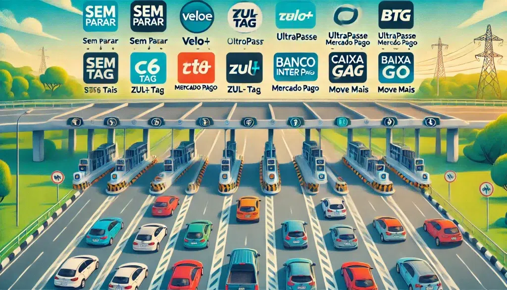 Comparação visual das principais tags de pedágio no Brasil, incluindo Sem Parar, ConectCar, Veloe, C6 Tag, Zul+, Ultrapasse Mercado Pago, Banco Inter Tag, BTG Go, Caixa Tag e Move Mais. A imagem mostra um pedágio moderno com vários carros passando, cada um com um dispositivo de tag visível no para-brisa, em um cenário de estrada com árvores ao fundo e céu azul claro