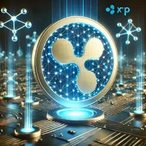 Representação digital do XRP Ripple com fundo tecnológico em tons de azul e prata, destacando a conexão em rede blockchain.