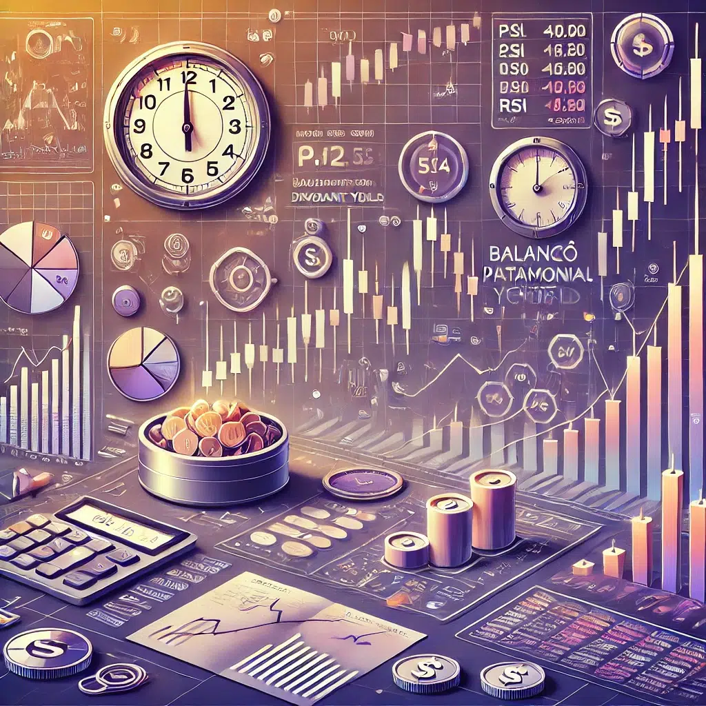 Gráfico de candlesticks com RSI e médias móveis usados na análise técnica.