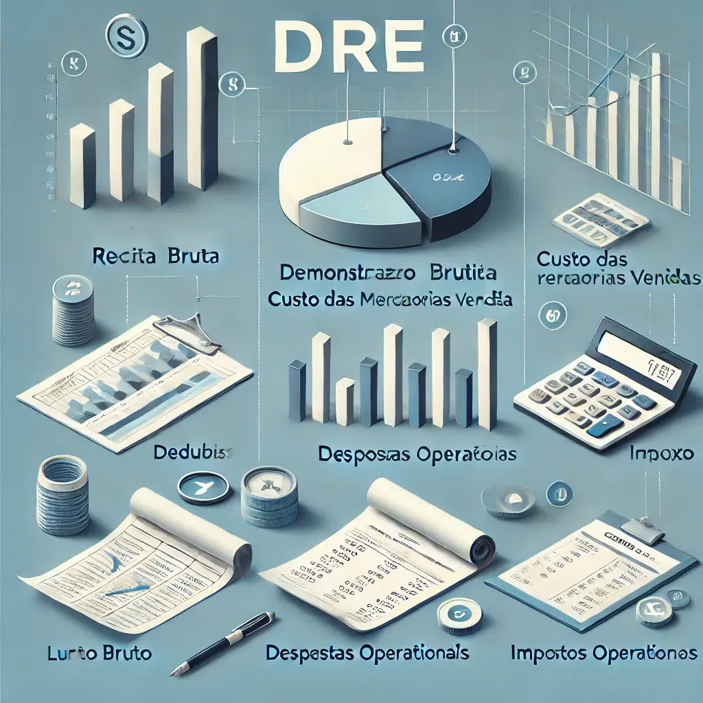 Representação gráfica de uma DRE com tabelas destacando Receita Bruta, Deduções, Receita Líquida, CMV, Lucro Bruto, Despesas Operacionais, Resultado Financeiro, Impostos e Lucro Líquido.