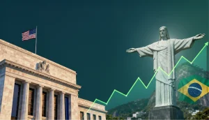 imagem mostra o prédio do Federal Reserve nos EUA e o Cristo Redentor no Brasil.