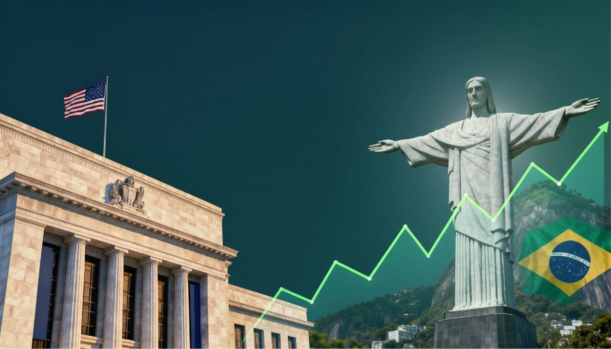 imagem mostra o prédio do Federal Reserve nos EUA e o Cristo Redentor no Brasil.