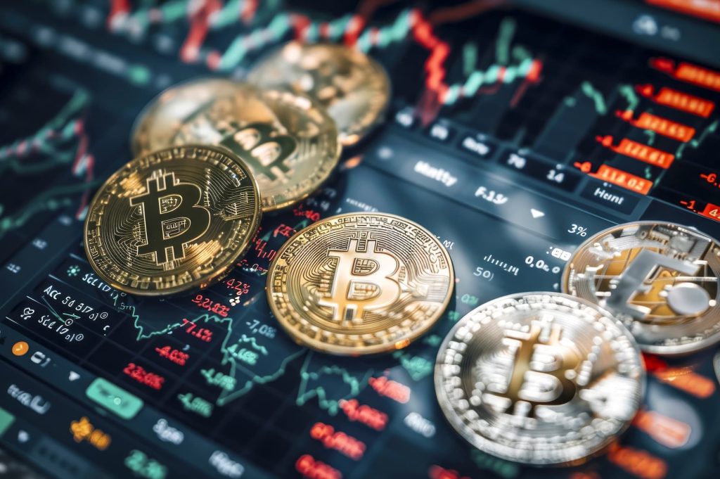 imagem mostra moedas de bitcoin em cima de uma tela de gráficos