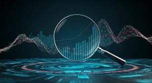 imagem mostra uma grande lupa com gráficos do mercado de ações refletido nela.