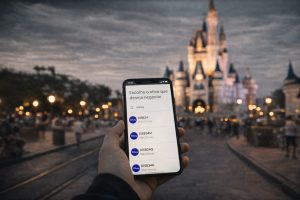 imagem mostra o castelo ao fundo e uma tela de celular de investimentos