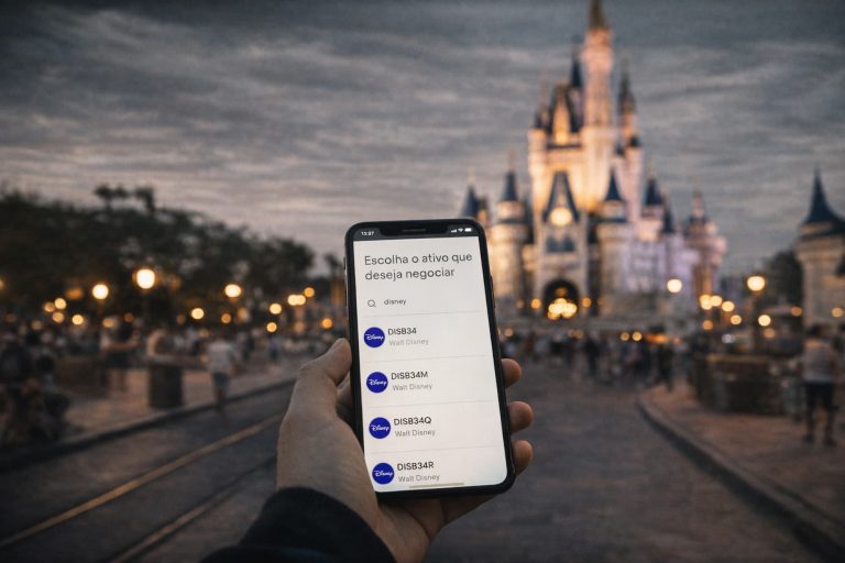 imagem mostra o castelo ao fundo e uma tela de celular de investimentos