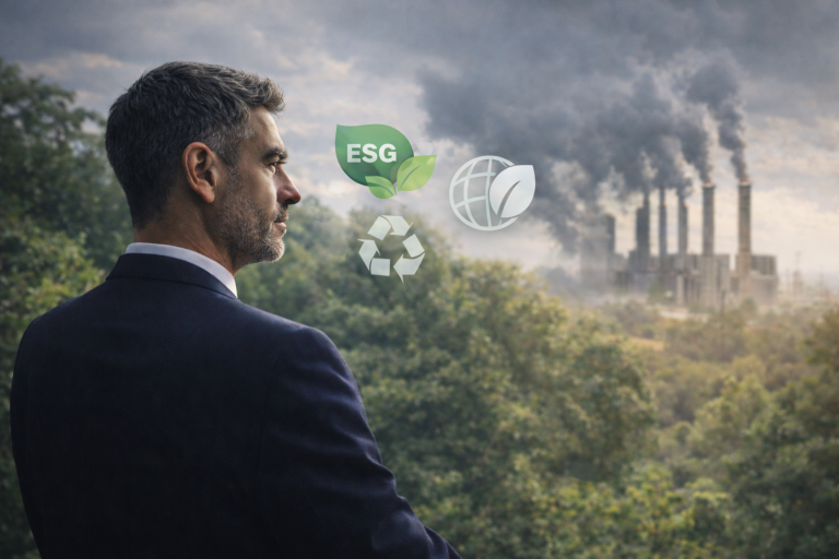 imagem mostra um homem observando a mata, com fumaça ao fundo.