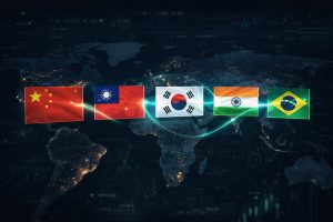 Ilustração editorial minimalista sobre ETF de mercados emergentes (EMEG11) e diversificação global