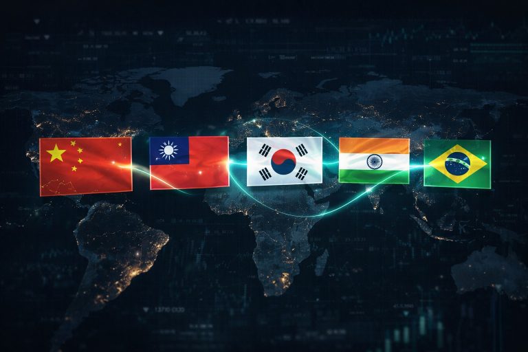 Ilustração editorial minimalista sobre ETF de mercados emergentes (EMEG11) e diversificação global
