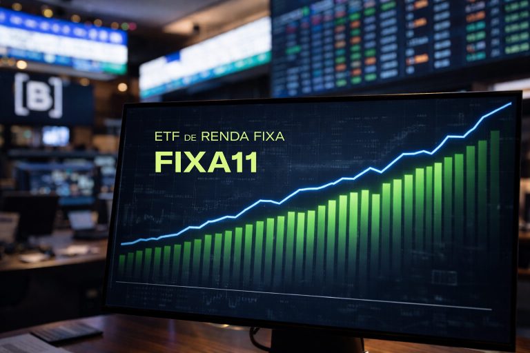 Ilustração editorial minimalista sobre ETF de renda fixa (FIXA11), curva de juros e duration