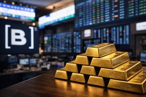 Ilustração editorial minimalista sobre ETF de ouro (OURO11) e diversificação