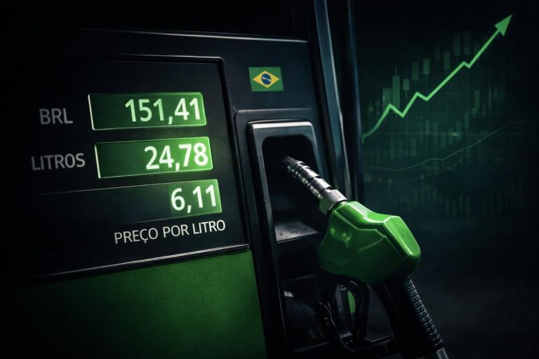 Bomba de gasolina no Brasil com preço por litro em destaque e gráfico de alta ao fundo, representando a variação do preço da gasolina.
