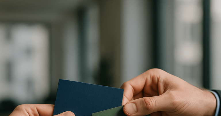 Foto editorial com mãos trocando cartões azul e verde, simbolizando swap cambial (troca de exposição).
