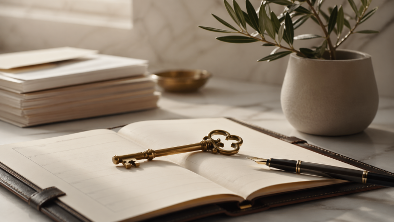 Chave dourada sobre agenda de couro aberta, simbolizando planejamento patrimonial e construção de riqueza de longo prazo