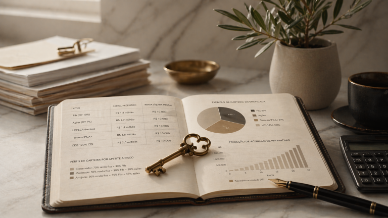 Planejador aberto com gráficos financeiros e projeções de renda passiva sobre mesa de mármore, representando a construção de patrimônio para gerar R$ 10 mil por mês.