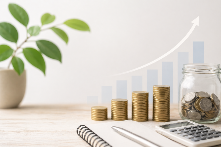 Composição minimalista com moedas empilhadas, calculadora e caderno representando planejamento financeiro e tributação de dividendos no Brasil