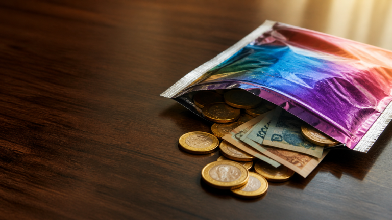 Baú de tesouro aberto com pacotes de figurinhas, moedas de ouro e notas de real, representando o custo do álbum da Copa 2026 comparado a investir em renda fixa