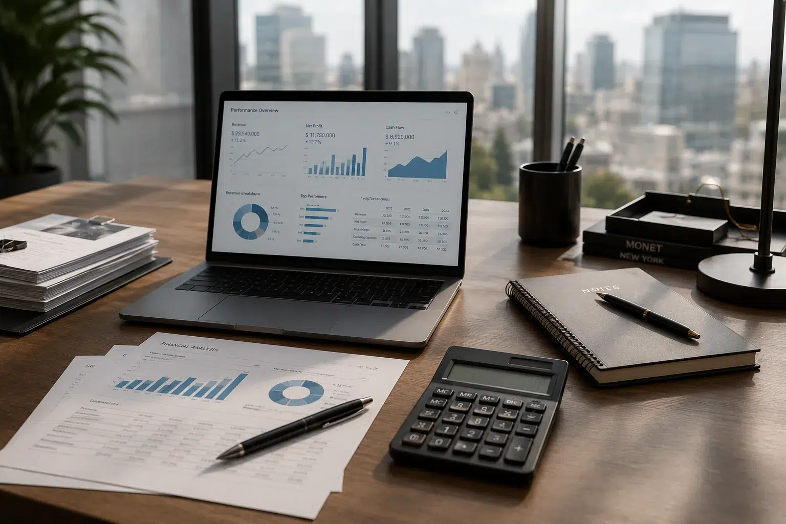 Mesa de trabalho com relatórios financeiros, gráficos e calculadora