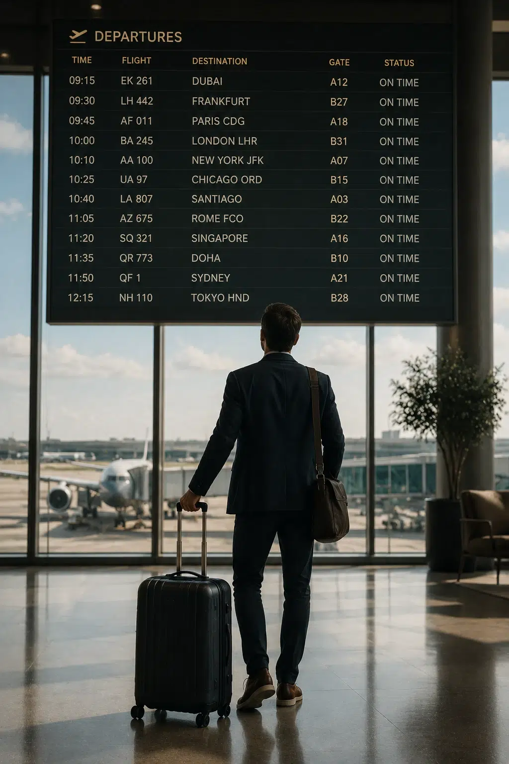 Executivo em terminal de aeroporto olhando o painel de embarques