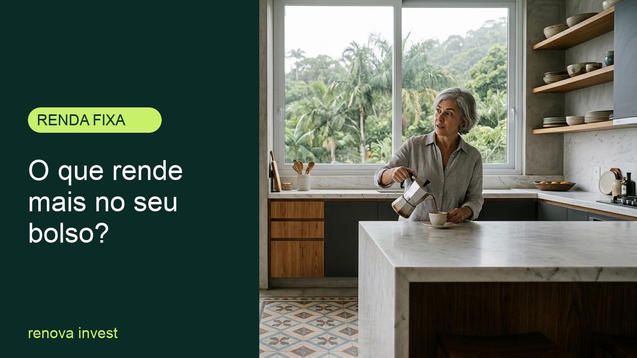 Mulher serve café na cozinha enquanto conversa sobre como comparar investimentos