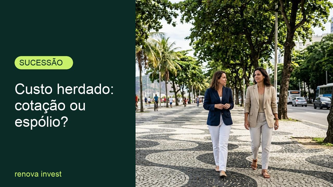Duas mulheres caminhando em calçadão arborizado de bairro nobre no Rio de Janeiro, ouvindo com alívio uma conversa sobre custo de aquisição de investimentos her