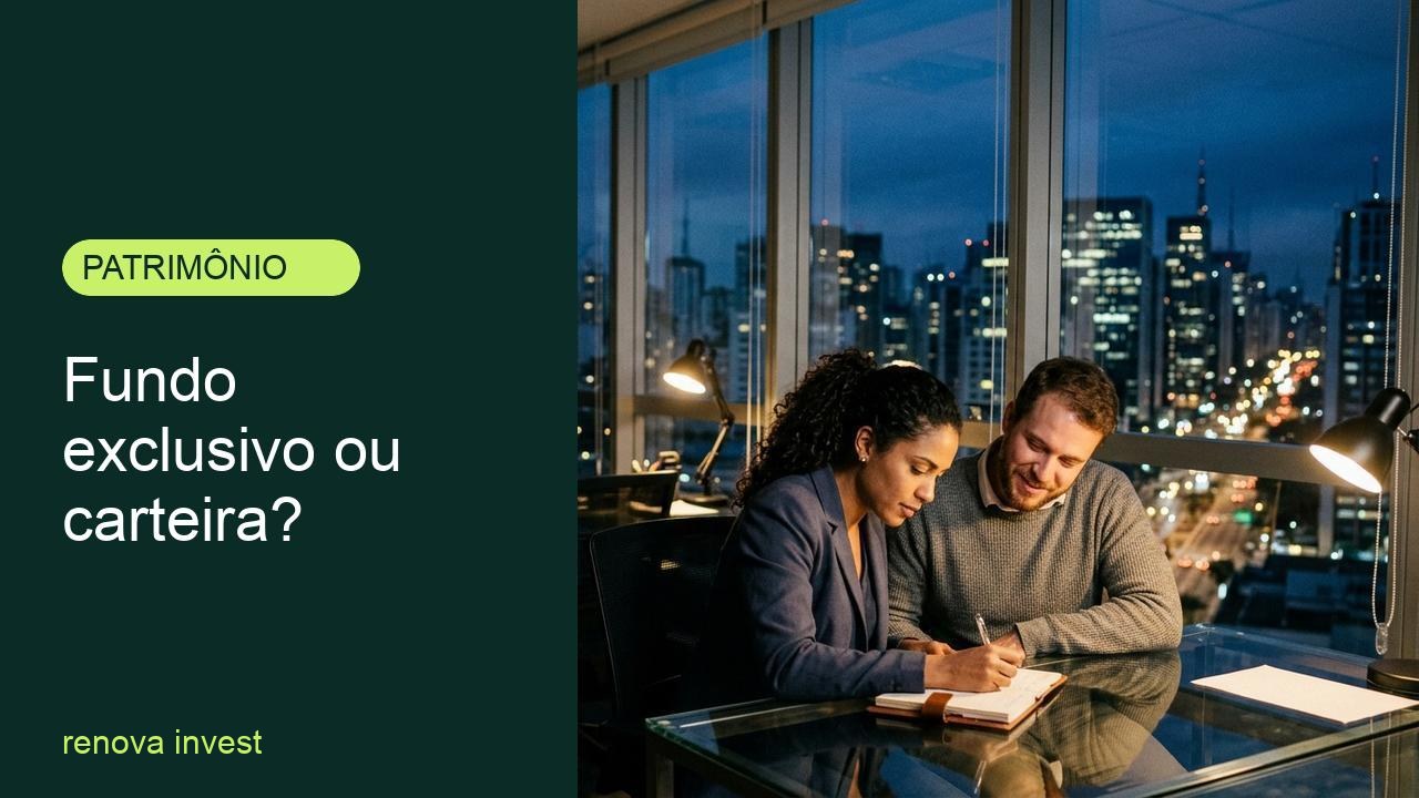 Casal brasileiro em escritório de São Paulo avaliando fundo exclusivo ou carteira administrada