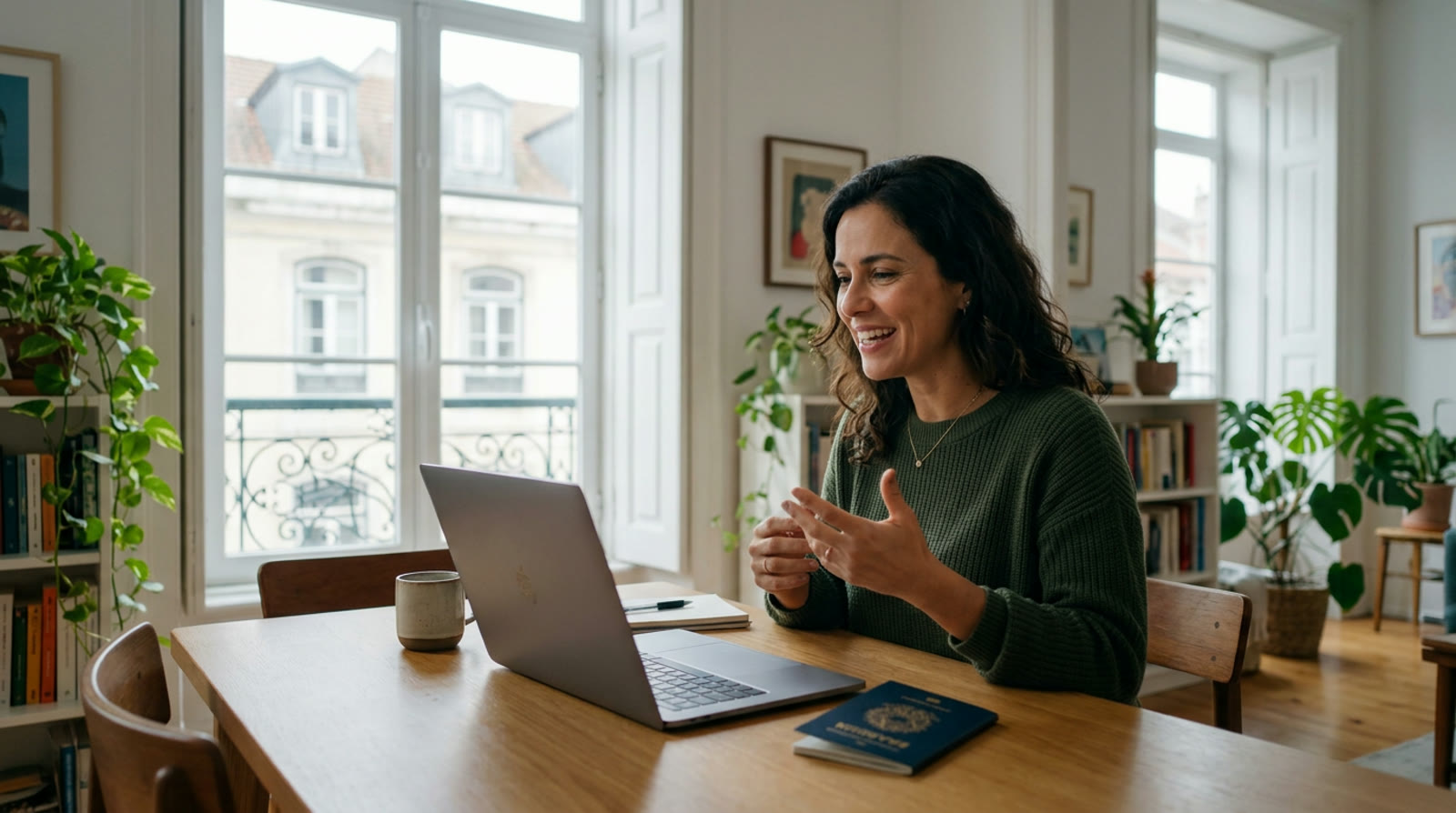 Brasileira que mora no exterior faz videochamada com o passaporte na mesa, ilustrando como investir no Brasil morando fora