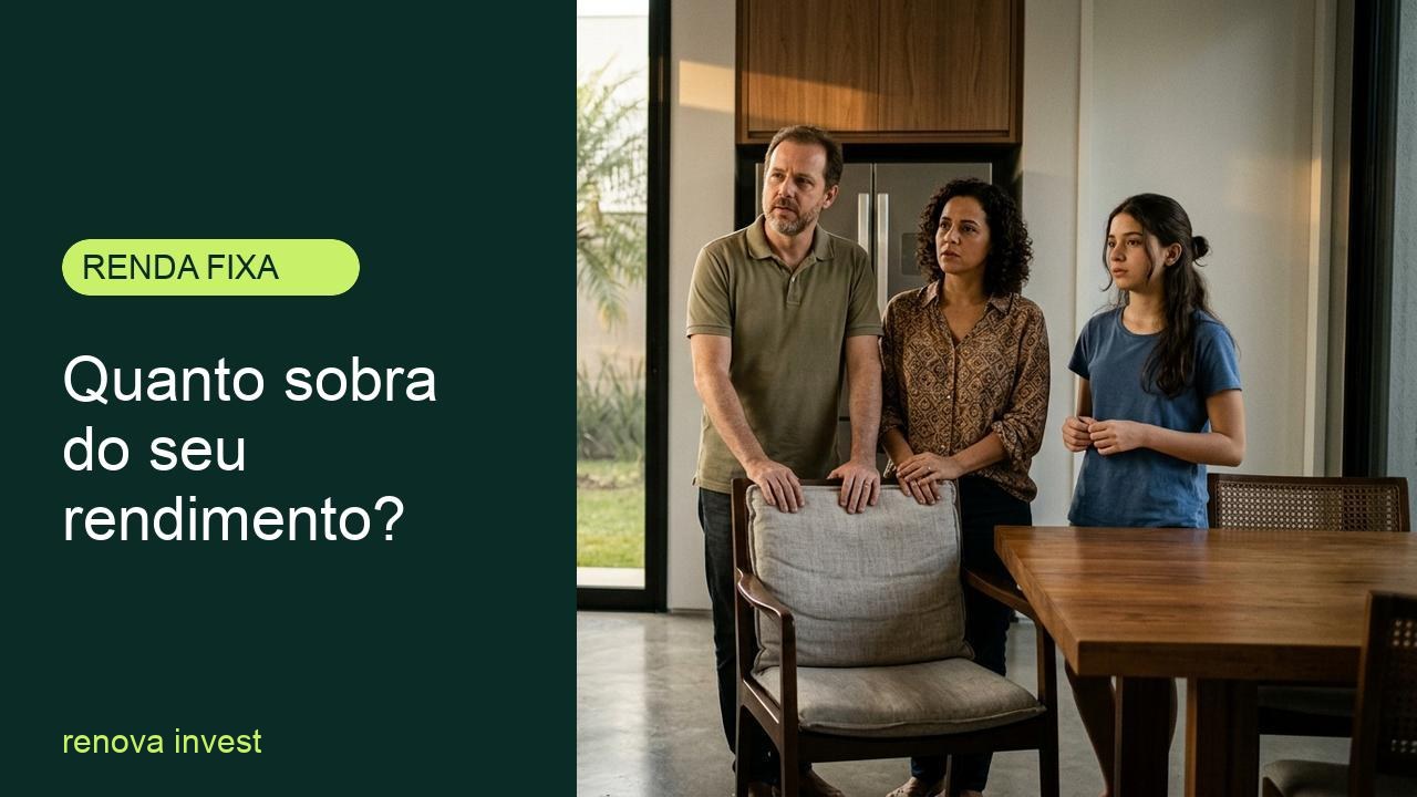 Família brasileira em cozinha de alto padrão avaliando o rendimento líquido de 500 mil