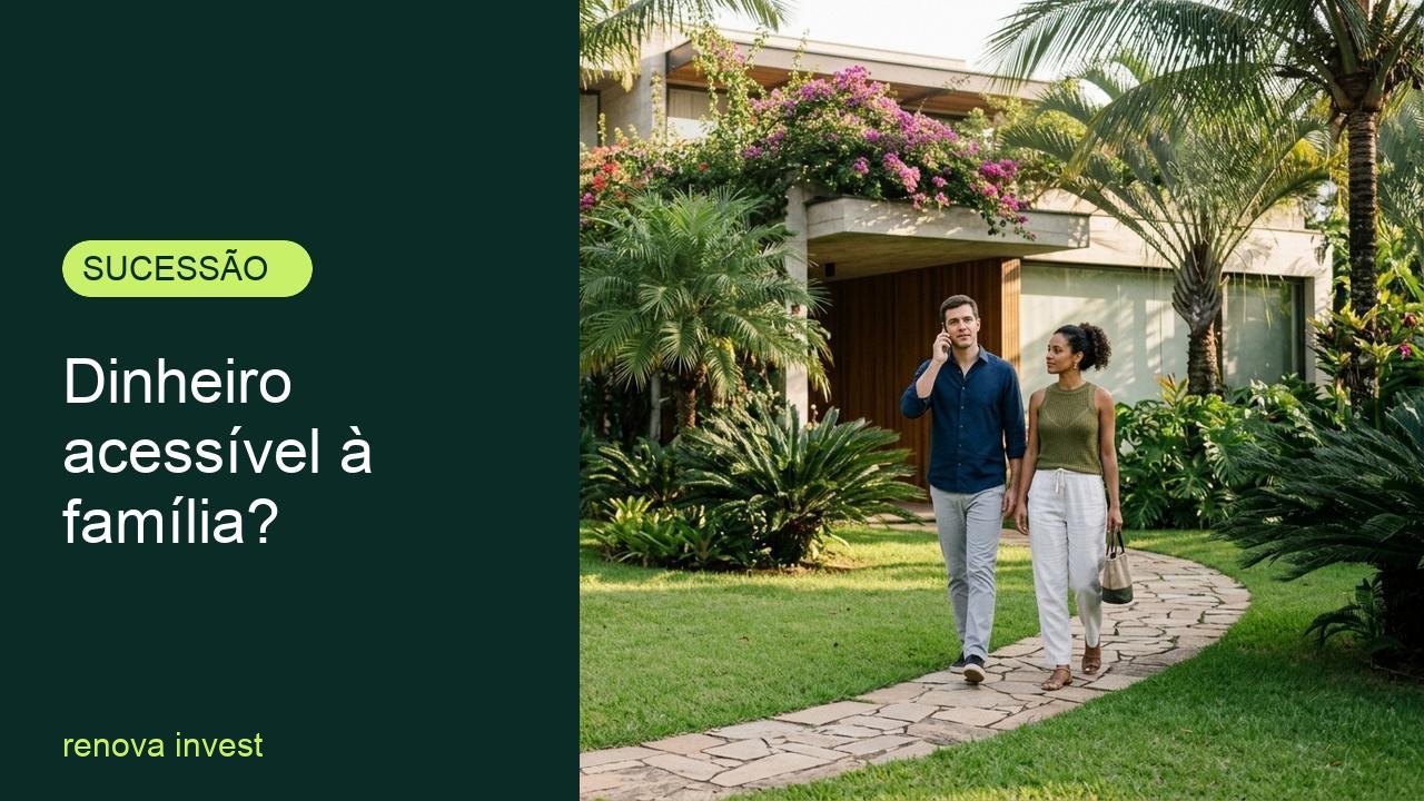 Casal jovem caminha pelo jardim de uma casa de alto padrão enquanto conversa ao telefone, planejando a reserva de liquidez para sucessão