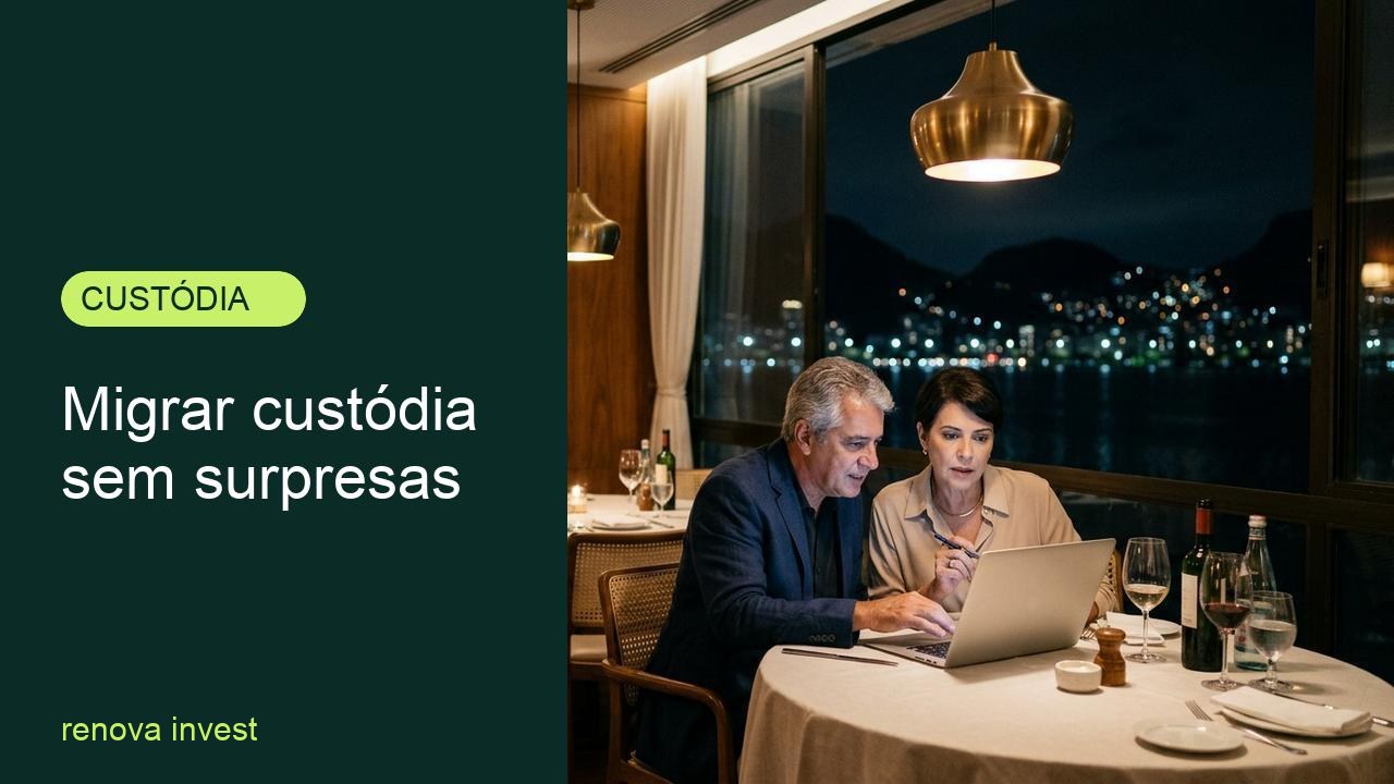 Casal de meia-idade analisa notebook em restaurante no Rio sobre transferência de custódia no exterior