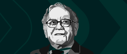 Ilustração em preto e branco representando o megainvestidor Warren Buffett, sobre fundo verde.